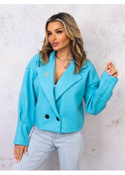 KRÓTKI PŁASZCZ Z KOŁNIERZEM I OZDOBNĄ BROSZKĄ- TURKUSOWY ze sklepu olika.com.pl w kategorii Płaszcze damskie - zdjęcie 178958664