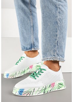 Biało-Zielone Skórzane Sneakersy z Ażurową Cholewką i Ozdobną Podeszwą Kolavinea ze sklepu born2be.pl w kategorii Buty sportowe damskie - zdjęcie 178975684