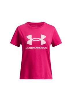 Dziewczęcy t-shirt z nadrukiem Under Armour UA Big Logo SS - różowy ze sklepu Sportstylestory.com w kategorii Bluzki dziewczęce - zdjęcie 179028230