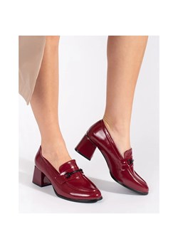 Goodin Bordowe półbuty loafersy damskie na obcasie czerwone ze sklepu ButyModne.pl w kategorii Półbuty damskie - zdjęcie 179038964