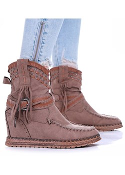 Botki boho na koturnie Khaki /G2-3 17078 G122/ ze sklepu Pantofelek24.pl w kategorii Botki - zdjęcie 179042740