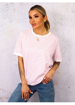 T-SHIRT OVERSIZE W PASKI- BIAŁO-RÓŻOWY ze sklepu olika.com.pl w kategorii Bluzki damskie - zdjęcie 179067084