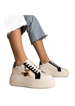 Biało-czarne sneakersy zdobione brokatem i gwiazdką białe ze sklepu ButyModne.pl w kategorii Buty sportowe damskie - zdjęcie 179232304