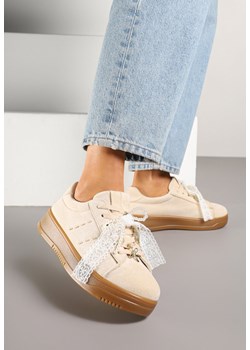 Beżowe Sneakersy na Niskiej Platformie z Aplikacjami i Kokardkami Divienne ze sklepu renee.pl w kategorii Buty sportowe damskie - zdjęcie 179315772