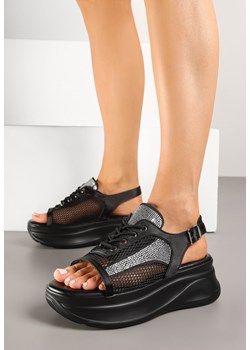 Czarne Sandały Sneakersy Peep Toe z Siateczką Sorialise ze sklepu born2be.pl w kategorii Sandały damskie - zdjęcie 179395122