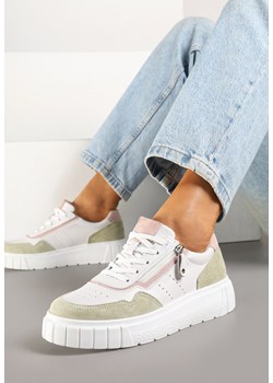 Biało-Zielone Sneakersy Skórzane z Ozdobnym Suwakiem Tillirella ze sklepu born2be.pl w kategorii Buty sportowe damskie - zdjęcie 179430501