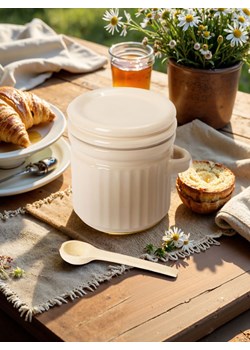 Sinsay - Ceramiczny pojemnik do przechowywania z drewnianą łyżeczką - kremowy ze sklepu Sinsay w kategorii Pojemniki kuchenne - zdjęcie 179484653