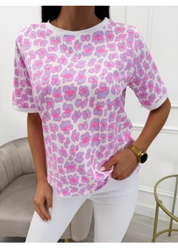 Kremowo-Fioletowy T-shirt w Panterkę ze sklepu ModnaKiecka.pl w kategorii Bluzki damskie - zdjęcie 179514480