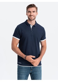 Bawełniana męska koszulka polo z kontrastowymi wykończeniami – granatowa V4 OM-POSS-0113 ze sklepu ombre w kategorii T-shirty męskie - zdjęcie 179611024