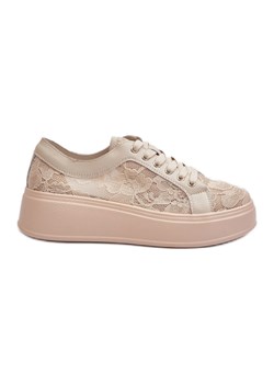 Koronkowe Sneakersy Damskie Na Platformie S.Barski HY51 Beżowe beżowy ze sklepu ButyModne.pl w kategorii Buty sportowe damskie - zdjęcie 179627940