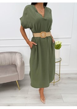 Khaki Sukienka z Dekoltem V i Paskiem ze sklepu ModnaKiecka.pl w kategorii Sukienki - zdjęcie 179643030