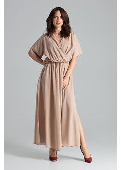 Lekko rozkloszowana sukienka kimono - beżowa ze sklepu Cudmoda w kategorii Sukienki - zdjęcie 179653880