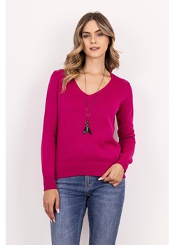 Dzianinowy sweter z dekoltem w serek - amarantowy ze sklepu Cudmoda w kategorii Swetry damskie - zdjęcie 179654014