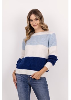 Ciepły sweter w szerokie pasy - błękitny-kobalt ze sklepu Cudmoda w kategorii Swetry damskie - zdjęcie 179654111