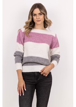 Ciepły sweter w szerokie pasy - szary-różowy ze sklepu Cudmoda w kategorii Swetry damskie - zdjęcie 179654114