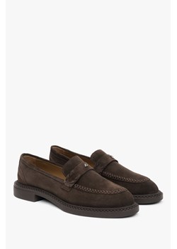 Estro: Ciemnobrązowe loafersy damskie typu Penny z włoskiego weluru naturalnego Premium ze sklepu Estro w kategorii Mokasyny damskie - zdjęcie 179715310
