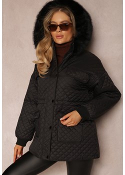 Czarna Kurtka z Futrzanym Kapturem i Drobnym Pikowaniem Obtashe ze sklepu renee.pl w kategorii Kurtki damskie - zdjęcie 179847172