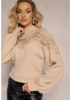 Beżowy Sweter Dzianinowy z Wstawką z Koronki Laroline ze sklepu renee.pl w kategorii Swetry damskie - zdjęcie 179851492