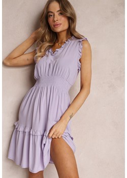 Jasnofioletowa Sukienka z Wiskozy z Krótkimi Falbankami i Gumką w Talii Damina ze sklepu renee.pl w kategorii Sukienki - zdjęcie 179856460