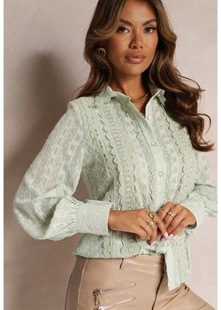Miętowa Koszula z Tkaniny Plumeti Zdobiona Metaliczną Nitką i Koronką Mulliner ze sklepu renee.pl w kategorii Koszule damskie - zdjęcie 179858473