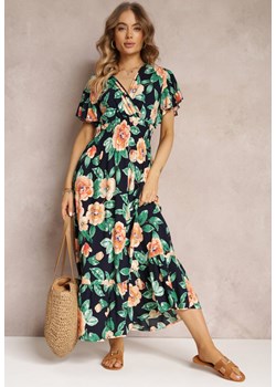 Granatowa Rozkloszowana Sukienka Maxi z Gumkami w Talii i Falbankami Tayte ze sklepu renee.pl w kategorii Sukienki - zdjęcie 179858922