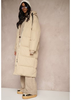 Beżowa Długa Kurtka Pikowana z Kapturem Serea ze sklepu renee.pl w kategorii Kurtki damskie - zdjęcie 179871093