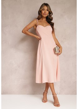 Różowa Rozkloszowana Sukienka Midi z Rozcięciem na Ramiączkach Josine ze sklepu renee.pl w kategorii Sukienki - zdjęcie 179871410