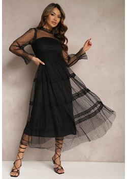 Czarna Koronkowa Sukienka Rozkloszowana z Falbanką Faberlla ze sklepu renee.pl w kategorii Sukienki - zdjęcie 179873440