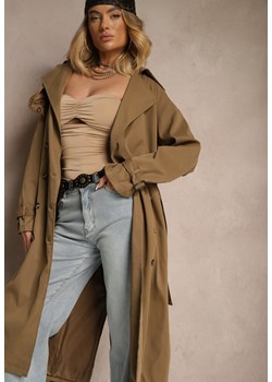 Brązowo-Zielony Płaszcz o Wydłużonym Fasonie Trencza z Guzikami i Paskiem Dennime ze sklepu renee.pl w kategorii Płaszcze damskie - zdjęcie 179873693