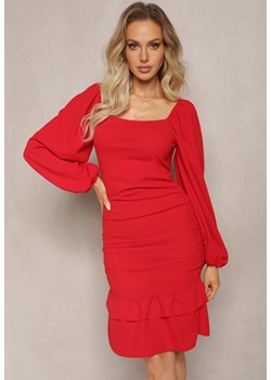 Czerwona Dopasowana Sukienka z Kwadratowym Dekoltem i Falbanką Arozza ze sklepu renee.pl w kategorii Sukienki - zdjęcie 179878212