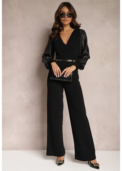 Czarny Długi Kombinezon z Paskiem i Bufiastym Rękawem Stellari ze sklepu renee.pl w kategorii Kombinezony damskie - zdjęcie 179879751