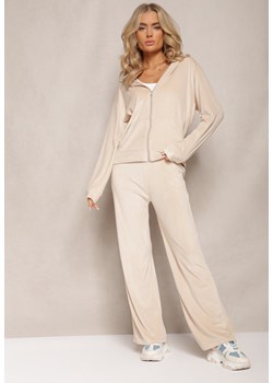 Jasnobeżowy Welurowy Komplet Dresowy z Bluzą i Szerokimi Spodniami Anelivs ze sklepu renee.pl w kategorii Dresy damskie - zdjęcie 179883043