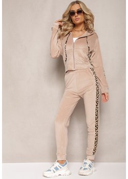 Beżowy Welurowy Komplet Dresowy Ozdobiony Lampasami w Cętki Anilwo ze sklepu renee.pl w kategorii Dresy damskie - zdjęcie 179883093