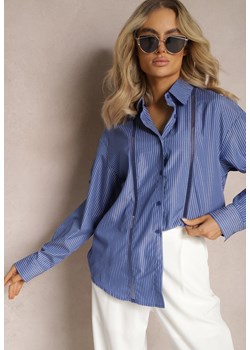 Granatowa Koszula z Bawełny w Drobne Paski z Ozdobną Taśmą Ażurową Elvora ze sklepu renee.pl w kategorii Koszule damskie - zdjęcie 179885340