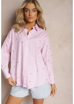 Różowa Bawełniana Koszula Ozdobiona Wzorem w Cienkie Paski i Serduszka Vatille ze sklepu renee.pl w kategorii Koszule damskie - zdjęcie 179886533