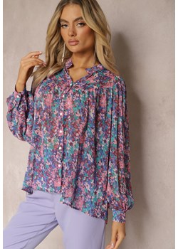 Niebiesko-Fioletowa Koszula w Kwiatowy Wzór z Prześwitującej Tkaniny Omertala ze sklepu renee.pl w kategorii Koszule damskie - zdjęcie 179890282