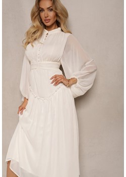 Jasnobeżowa Elegancka Sukienka w Stylu Vintage z Powlekanymi Guzikami i Marszczeniami Lefandia ze sklepu renee.pl w kategorii Sukienki - zdjęcie 179890394