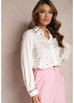 Biała Elegancka Koszula z Długim Rękawem z Błyszczącymi Ćwiekami i Cyrkoniami Ednasia ze sklepu renee.pl w kategorii Koszule damskie - zdjęcie 179890883