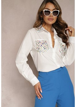 Biała Koszula z Kołnierzykiem i Kieszeniami Ozdobionymi Cyrkoniami Leridna ze sklepu renee.pl w kategorii Koszule damskie - zdjęcie 179890981
