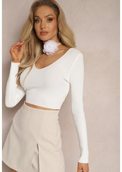 Biała Prążkowana Bluzka o Krótkim Fasonie Choker z Kwiatem w Komplecie Laindera ze sklepu renee.pl w kategorii Bluzki damskie - zdjęcie 179891483