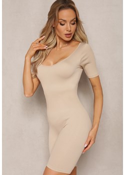 Beżowy Kombinezon Bodycon z Krótkimi Rękawami i Nogawkami  Tavis ze sklepu renee.pl w kategorii Kombinezony damskie - zdjęcie 179891683