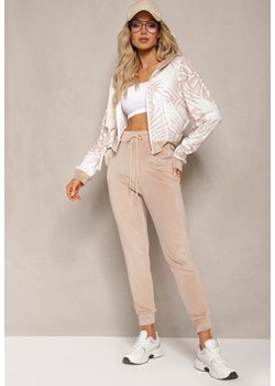 Ciemnobeżowy Welurowy Komplet Dresowy z Wzorzystą Bluzą z Kapturem i Joggerami Rouviana ze sklepu renee.pl w kategorii Dresy damskie - zdjęcie 179892103