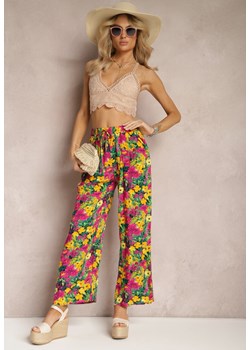 Żółto-Różowe Wiskozowe Spodnie z Prostą Nogawką High Waist w Kwiatowy Wzór Zaranima ze sklepu renee.pl w kategorii Spodnie damskie - zdjęcie 179892210