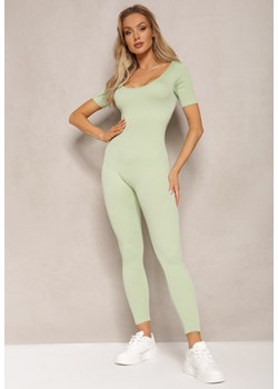 Jasnozielony Prążkowany Kombinezon Bodycon z Długimi Nogawkami i Krótkimi Rękawami Vittone ze sklepu renee.pl w kategorii Kombinezony damskie - zdjęcie 179892321