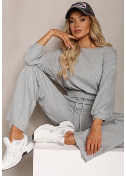 Szary Bawełniany Komplet Bluza Krótka ze Ściągaczem i Szerokie Spodnie ze Sznurkiem w Pasie Rionnea ze sklepu renee.pl w kategorii Komplety i garnitury damskie - zdjęcie 179892412