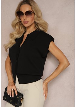 Czarna Casualowa Bluzka Polo w Stylu Dzianinowej Kamizelki z Usztywnionymi Ramionami Aidelma ze sklepu renee.pl w kategorii Bluzki damskie - zdjęcie 179896002