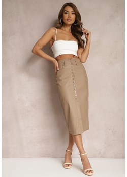 Ciemnobeżowa Spódnica z Ekoskóry High Waist z Rozcięciem i Napami z Przodu Asttia ze sklepu renee.pl w kategorii Spódnice - zdjęcie 179897331