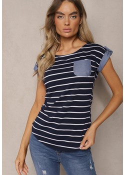 Czarny T-shirt z Bawełny z Ozdobną Kieszonką i Rękawkami w Paski Anacetsa ze sklepu renee.pl w kategorii Bluzki damskie - zdjęcie 179898341