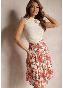 Beżowo-Czerwona Kwiecista Spódnica o Rozkloszowanym Fasonie High Waist Jastaria ze sklepu renee.pl w kategorii Spódnice - zdjęcie 179898943