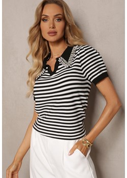Czarno-Biała Wiskozowa Bluzka w Paski ze Zdobieniami na Kołnierzyku Veniala ze sklepu renee.pl w kategorii Bluzki damskie - zdjęcie 179900471